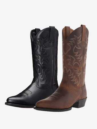 メンズブーツ カウボーイブーツ コーヒーブラウン PUレザー ポインテッドトゥ