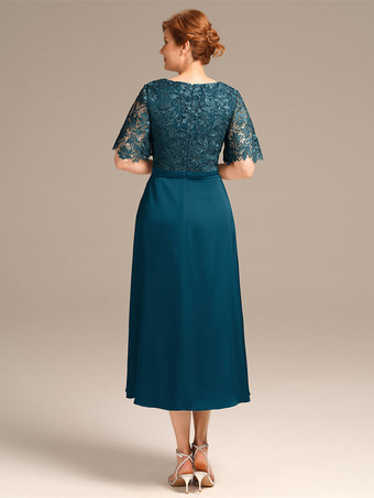 Vestido de fiesta para la madre de la novia Cuello joya Manga corta Una línea de encaje Hasta el té Vestidos de invitados de boda