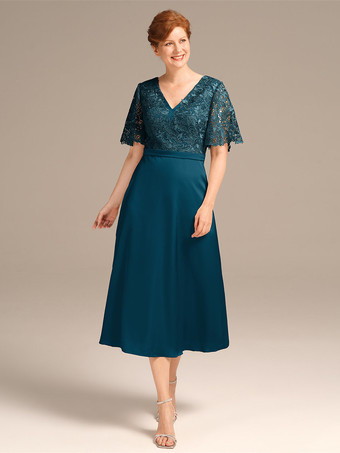 Verde azuladoVestido de fiesta para la madre de la novia Cuello joya Manga corta Una línea de encaje Hasta el té Vestidos de invitados de boda