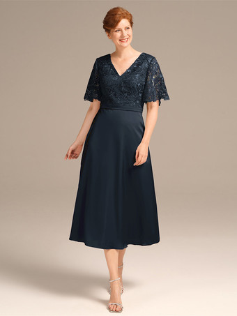Azul marino oscuro  Vestido de fiesta para la madre de la novia Cuello joya Manga corta Una línea de encaje Hasta el té Vestidos de invitados de boda