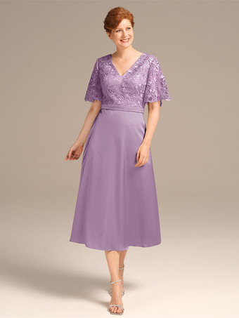VioletaVestido de fiesta para la madre de la novia Cuello joya Manga corta Una línea de encaje Hasta el té Vestidos de invitados de boda