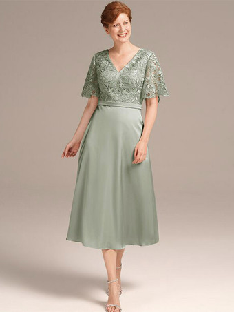 Verde salviaVestido de fiesta para la madre de la novia Cuello joya Manga corta Una línea de encaje Hasta el té Vestidos de invitados de boda