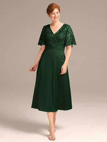 Verde oscuroVestido de fiesta para la madre de la novia Cuello joya Manga corta Una línea de encaje Hasta el té Vestidos de invitados de boda
