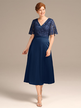 Azul tintaVestido de fiesta para la madre de la novia Cuello joya Manga corta Una línea de encaje Hasta el té Vestidos de invitados de boda
