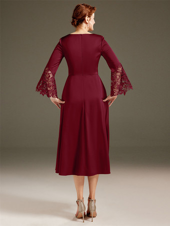 花嫁の母親のためのパーティードレス ジュエルネック 長袖 Aライン レース ティーレングス ゲストドレス 結婚式用