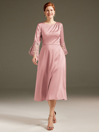 カメオピンク花嫁の母親のためのパーティードレス ジュエルネック 長袖 Aライン レース ティーレングス ゲストドレス 結婚式用