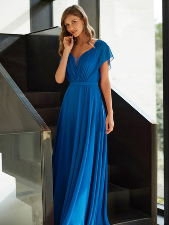 ロイヤルブルーマザードレス Vネック 半袖 Aライン プリーツ ゲストドレス 結婚式用