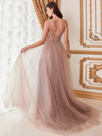 プロムドレス Aライン Vネック チュール ノースリーブ スプリットフロント パーティードレス
