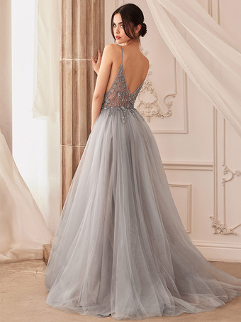 プロムドレス Aライン Vネック チュール ノースリーブ スプリットフロント パーティードレス