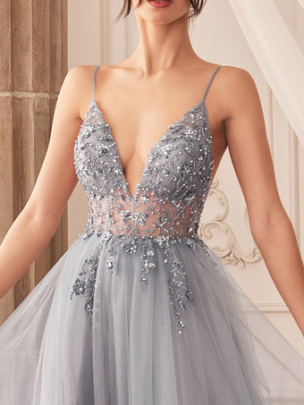 プロムドレス Aライン Vネック チュール ノースリーブ スプリットフロント パーティードレス