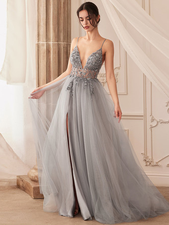 プロムドレス Aライン Vネック チュール ノースリーブ スプリットフロント パーティードレス