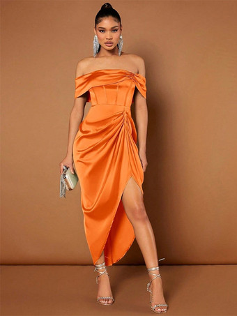 オレンジカクテルドレスファッションショートショートバトーネック