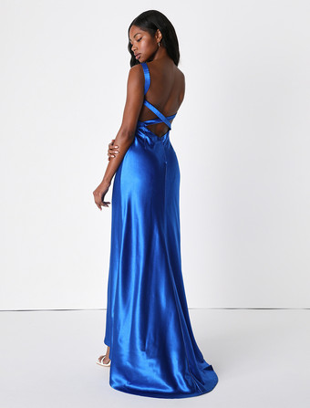 イブニングドレス マーメイド Vネック トレーン付き ノースリーブ バックレス サテン生地 フォーマル パーティードレス