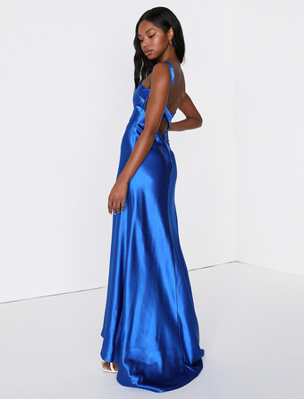 イブニングドレス マーメイド Vネック トレーン付き ノースリーブ バックレス サテン生地 フォーマル パーティードレス