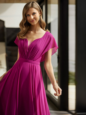 マザードレス Vネック 半袖 Aライン プリーツ ゲストドレス 結婚式用