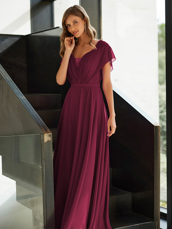 マゼンタマザードレス Vネック 半袖 Aライン プリーツ ゲストドレス 結婚式用