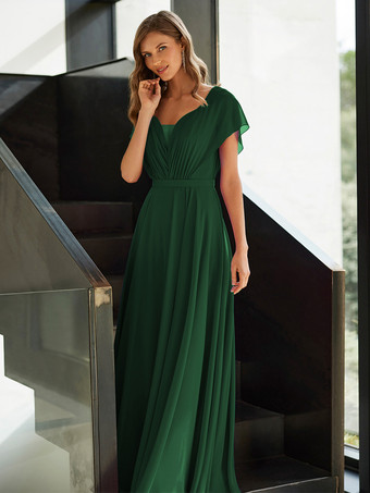 ダークグリーンマザードレス Vネック 半袖 Aライン プリーツ ゲストドレス 結婚式用