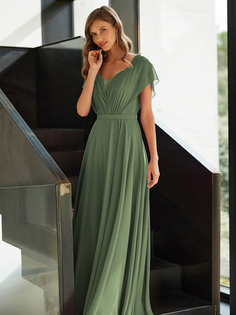 セージグリーンマザードレス Vネック 半袖 Aライン プリーツ ゲストドレス 結婚式用