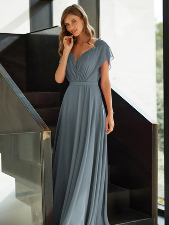 グレーブルーマザードレス Vネック 半袖 Aライン プリーツ ゲストドレス 結婚式用