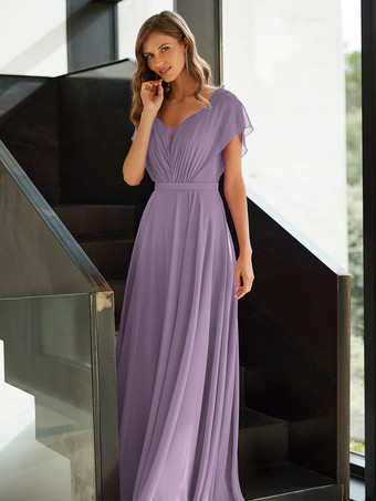 ラベンダーマザードレス Vネック 半袖 Aライン プリーツ ゲストドレス 結婚式用