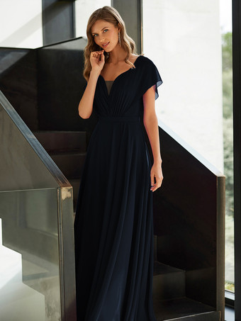 ダークネイビーマザードレス Vネック 半袖 Aライン プリーツ ゲストドレス 結婚式用