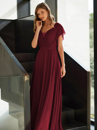 バーガンディーマザードレス Vネック 半袖 Aライン プリーツ ゲストドレス 結婚式用