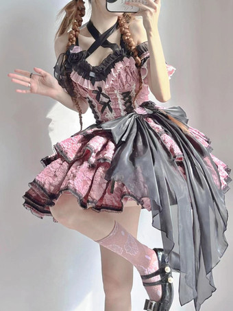 Gothic-Lolita-Kleider Blumen Rüschen Blumendruck Rosa Rosa