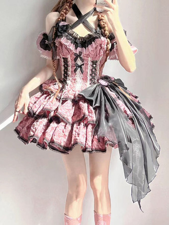 ゴシックロリータドレス 花 フリル 花柄 ピンク ピンク