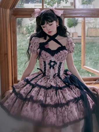 ピンクゴスロリ ドレス フリル リボン 花柄 ピンク ピンク