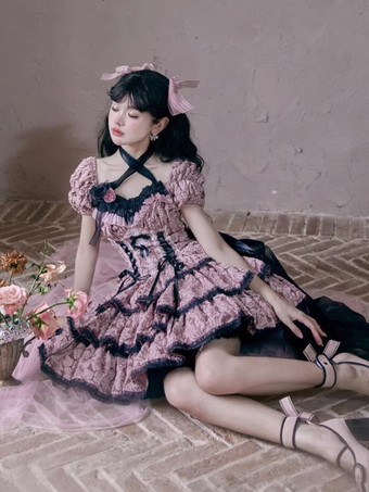 ゴスロリ ドレス フリル リボン 花柄 ピンク ピンク