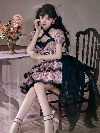 ゴスロリ ドレス フリル リボン 花柄 ピンク ピンク