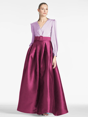 マゼンタ花嫁の母親のためのパーティードレス Vネック 長袖 Aライン サッシュ 結婚式用ゲストドレス