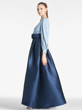 花嫁の母親のためのパーティードレス Vネック 長袖 Aライン サッシュ 結婚式用ゲストドレス