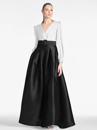 ブラック花嫁の母親のためのパーティードレス Vネック 長袖 Aライン サッシュ 結婚式用ゲストドレス