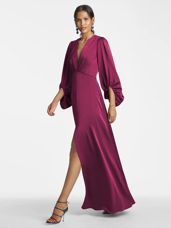 マゼンタマザードレス Vネック 7分袖 Aライン フロア丈 ゲストドレス 結婚式用