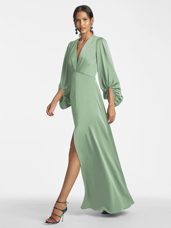 パステルグリーンマザードレス Vネック 7分袖 Aライン フロア丈 ゲストドレス 結婚式用