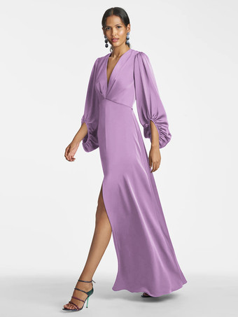 ラベンダーマザードレス Vネック 7分袖 Aライン フロア丈 ゲストドレス 結婚式用