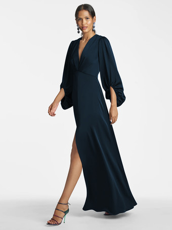 ダークネイビーマザードレス Vネック 7分袖 Aライン フロア丈 ゲストドレス 結婚式用