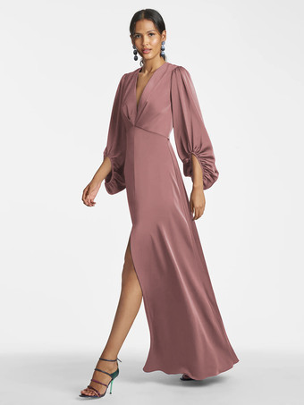 サーモンピンクマザードレス Vネック 7分袖 Aライン フロア丈 ゲストドレス 結婚式用