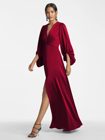 バーガンディーマザードレス Vネック 7分袖 Aライン フロア丈 ゲストドレス 結婚式用