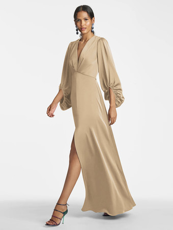 シャンパンマザードレス Vネック 7分袖 Aライン フロア丈 ゲストドレス 結婚式用