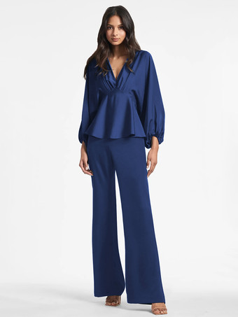 ダズリンブルーブライダルマザードレス Vネック 長袖 Aライン フリル フロアレングス ゲストドレス 結婚式用