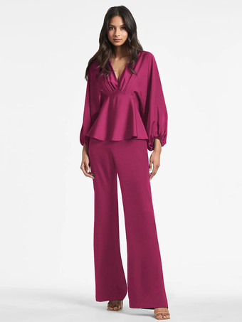 マゼンタブライダルマザードレス Vネック 長袖 Aライン フリル フロアレングス ゲストドレス 結婚式用