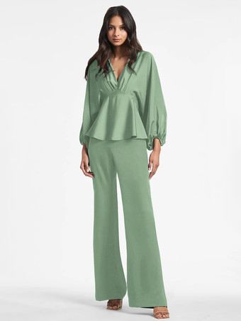 パステルグリーンブライダルマザードレス Vネック 長袖 Aライン フリル フロアレングス ゲストドレス 結婚式用