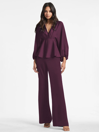 プラムブライダルマザードレス Vネック 長袖 Aライン フリル フロアレングス ゲストドレス 結婚式用