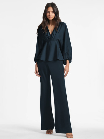 ダークネイビーブライダルマザードレス Vネック 長袖 Aライン フリル フロアレングス ゲストドレス 結婚式用