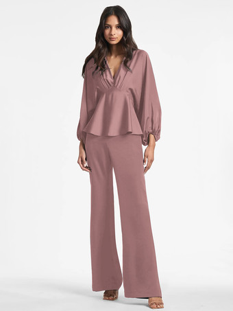 サーモンピンクブライダルマザードレス Vネック 長袖 Aライン フリル フロアレングス ゲストドレス 結婚式用