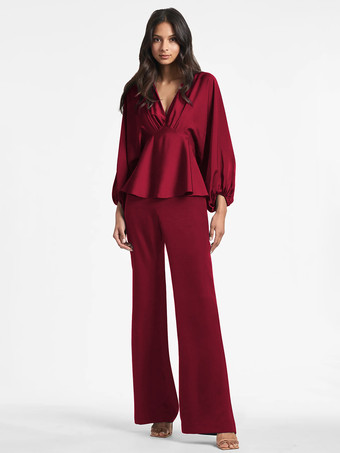 バーガンディーブライダルマザードレス Vネック 長袖 Aライン フリル フロアレングス ゲストドレス 結婚式用