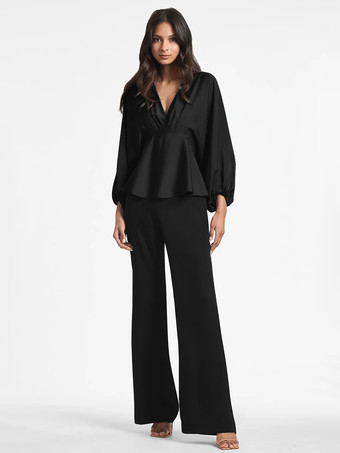 ブラックブライダルマザードレス Vネック 長袖 Aライン フリル フロアレングス ゲストドレス 結婚式用