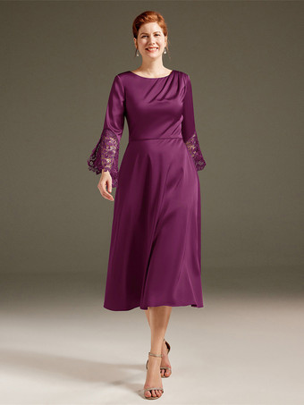 マゼンタ花嫁の母親のためのパーティードレス ジュエルネック 長袖 Aライン レース ティーレングス ゲストドレス 結婚式用